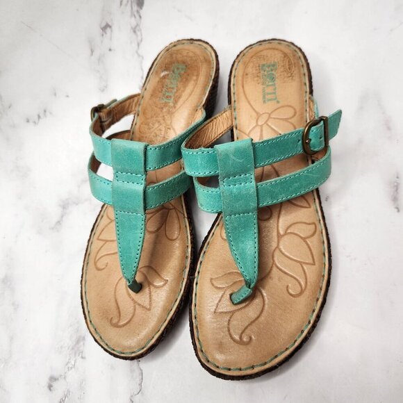 Born Concepts Leather Sandals Toe-Post Wedges Teal Strappy Women's 6 - Picture 2 of 9
